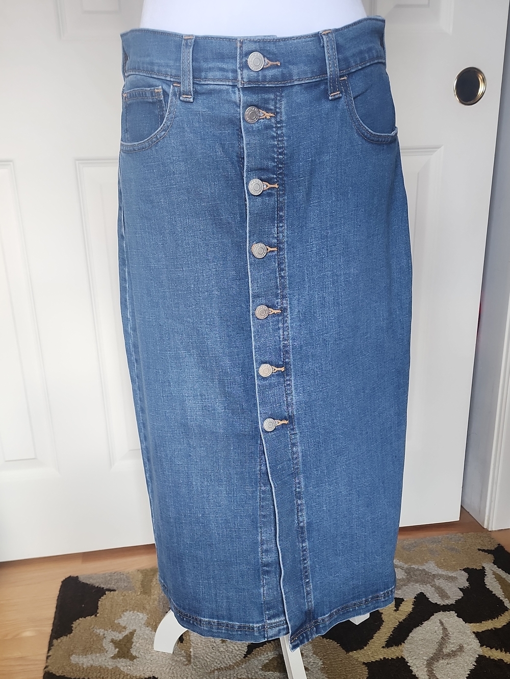 Banana Republic Blue Button-Front Denim Column Midi Skirt